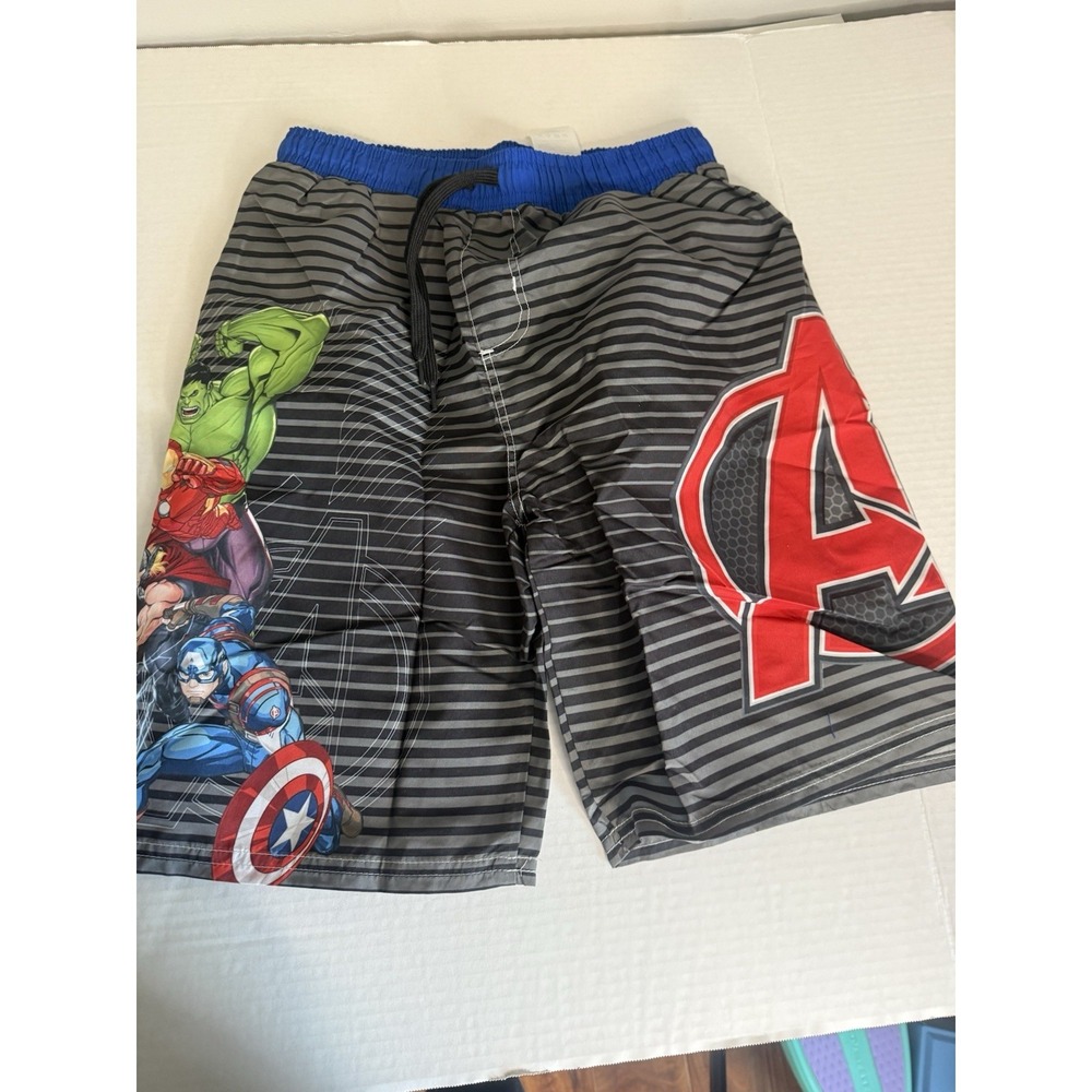 NEW Marvel Avengers Boys Swim Shorts 10/12 Black Blue Striped UPF 50+ Elastic
